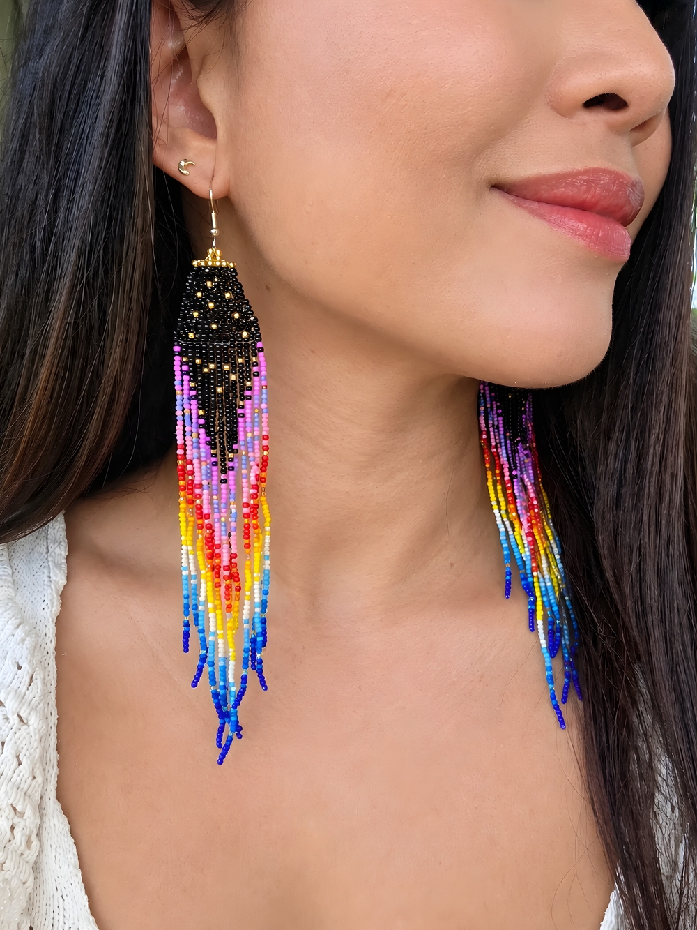 Rainbow Boho Fringe Seed Bead Earrings Handmade Cosmic Jewelry